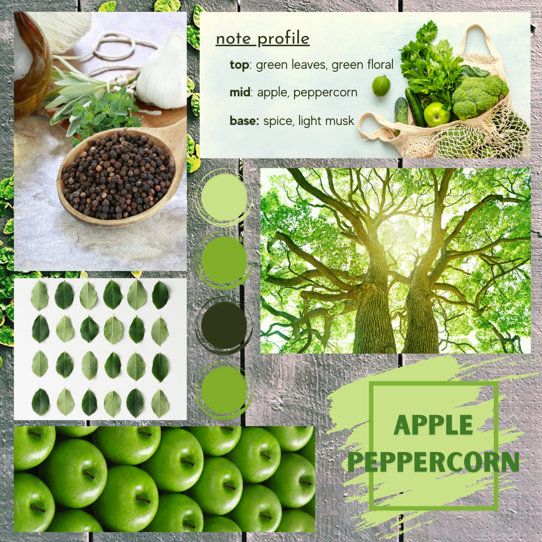 Apple Peppercorn Mood Board: Bowl of peppercorns, shades of green, apple trees